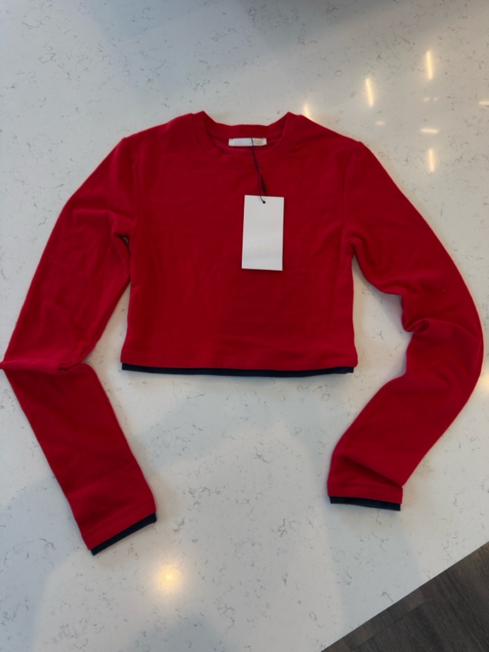 Zara Red Cropped Long-Sleeve Top with Contrast Trim